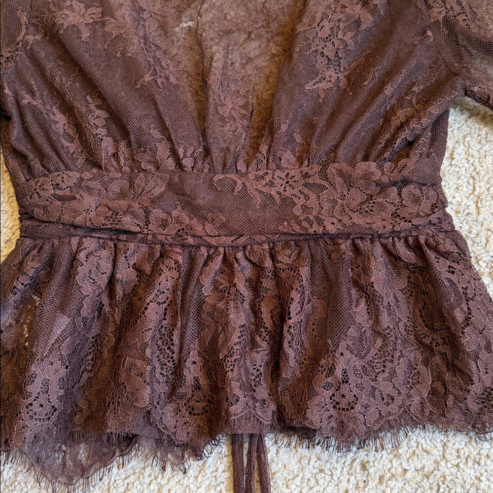 12th Tribe Sheer Lace Tie-Front Blouse in Dark Brown - Picture 9 of 10